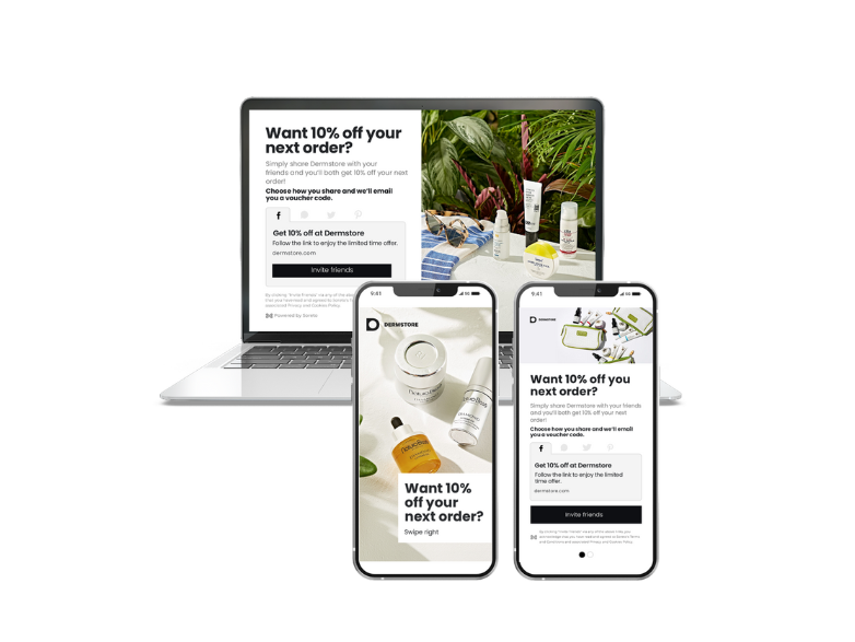 Glow and Grow: Health & Beauty Brands Elevate Customer Reach with Soreto. Image illustrating how our powerful referral technology looks like on a mobile and laptop device