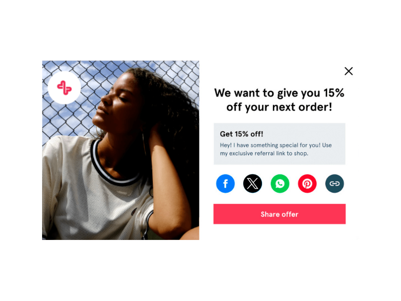 Image illustrating a customer sharing a brand's Refer a Friend offer to get a percent off their shopping if their friend purchases. The sharer can get 15% off if they share via Facebook, X, WhatsApp, Pinterest or Copies link