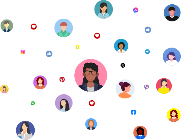 Illustration of diverse people connected through social media and referral networks, showcasing interconnected users with icons from platforms like Facebook, Instagram, Twitter, and Snapchat