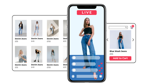 Soreto shoppable UGC display featuring a live stream on a mobile screen with engagement icons, product catalog of denim jeans, and an 'Add to Cart' option for easy purchase